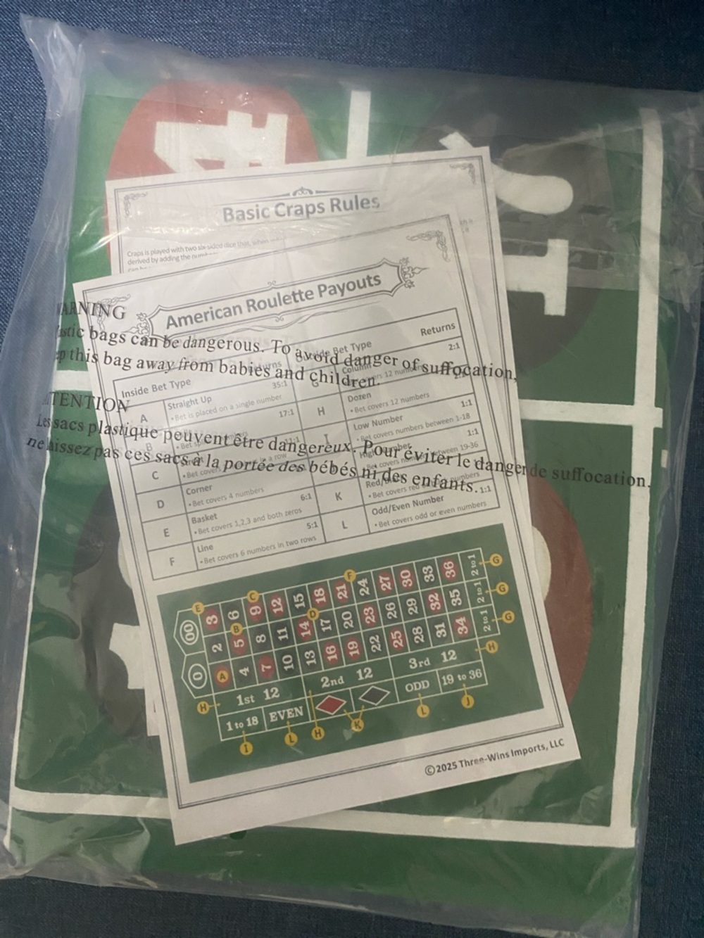 Roulette and Craps Green Casino Felt Play Mat 36x72”